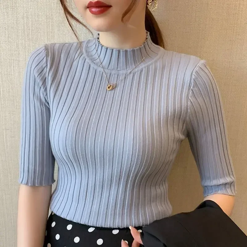 

2024 Spring Summer New Pullover Knitted Tops Half Sleeve Knitted Sweater T-Shirt Women Basic Solid Casual Base Female