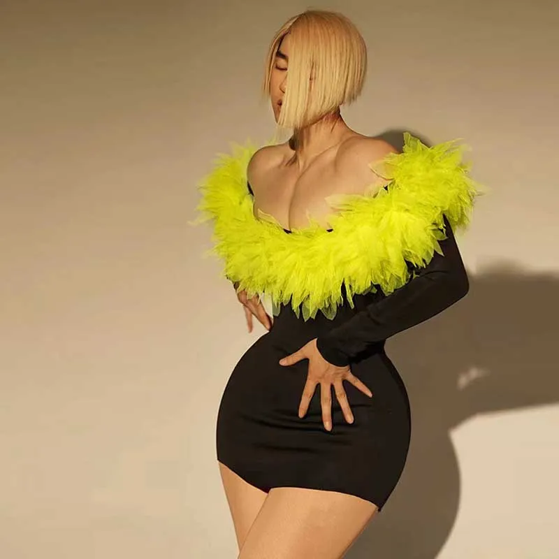 

Nightclub Bar Performance Costume Black Fluorescent Yellow Mini Dress Female Singer Dance Rave Outfit Gogo Dancer Clothes VDL972