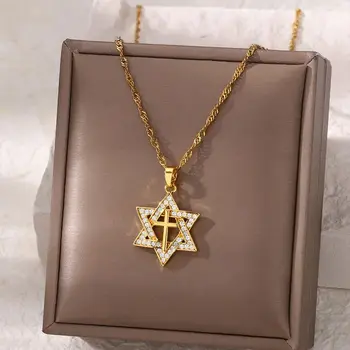 Zircon Star of David Necklace for Women Gold Color Cross Star Pendant Choker Chain Necklaces Fashion Wedding Jewelry Gift