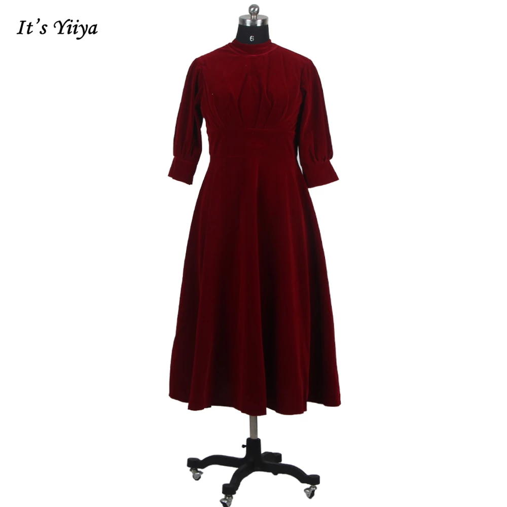 

It's Yiiya New Evening Dresses Burgundy Velour High Collar Pleat Zipper Back A-line Tea-length Plus size Women Party Dress A050