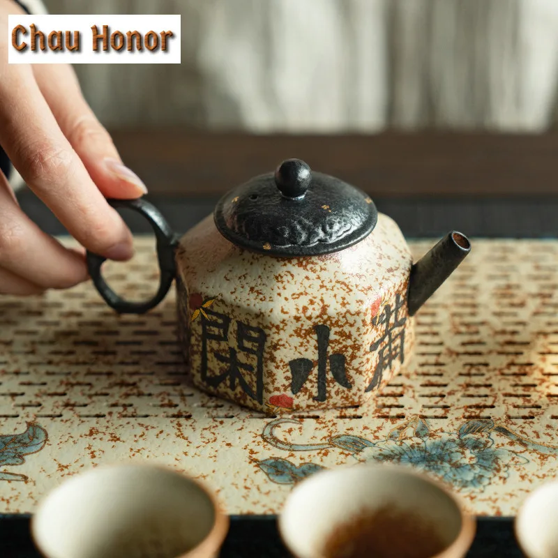 125ml Retro Blue And White Flint Red Teapot Pure Handwritten Octagonal Pot Tea Maker Kettle With Filter Kung Fu Tea Items Craft