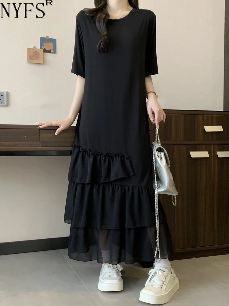 

NYFS 2024 Summer New Korea Woman Dress Vestidos Robe Elbise Loose Plus Size Cotton Patchwork Hem Short Sleeve Long Dress