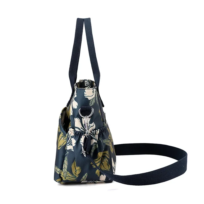 Summer Floral Nylon Tote Bag for Women, Crossbody & Top Handle Shoulder Purse Portable Pastoral Design with Printed Flowers