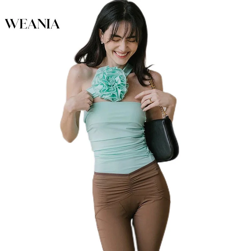 

Women Fashion Halter Rose Flower Backless Pleated Slim Tank