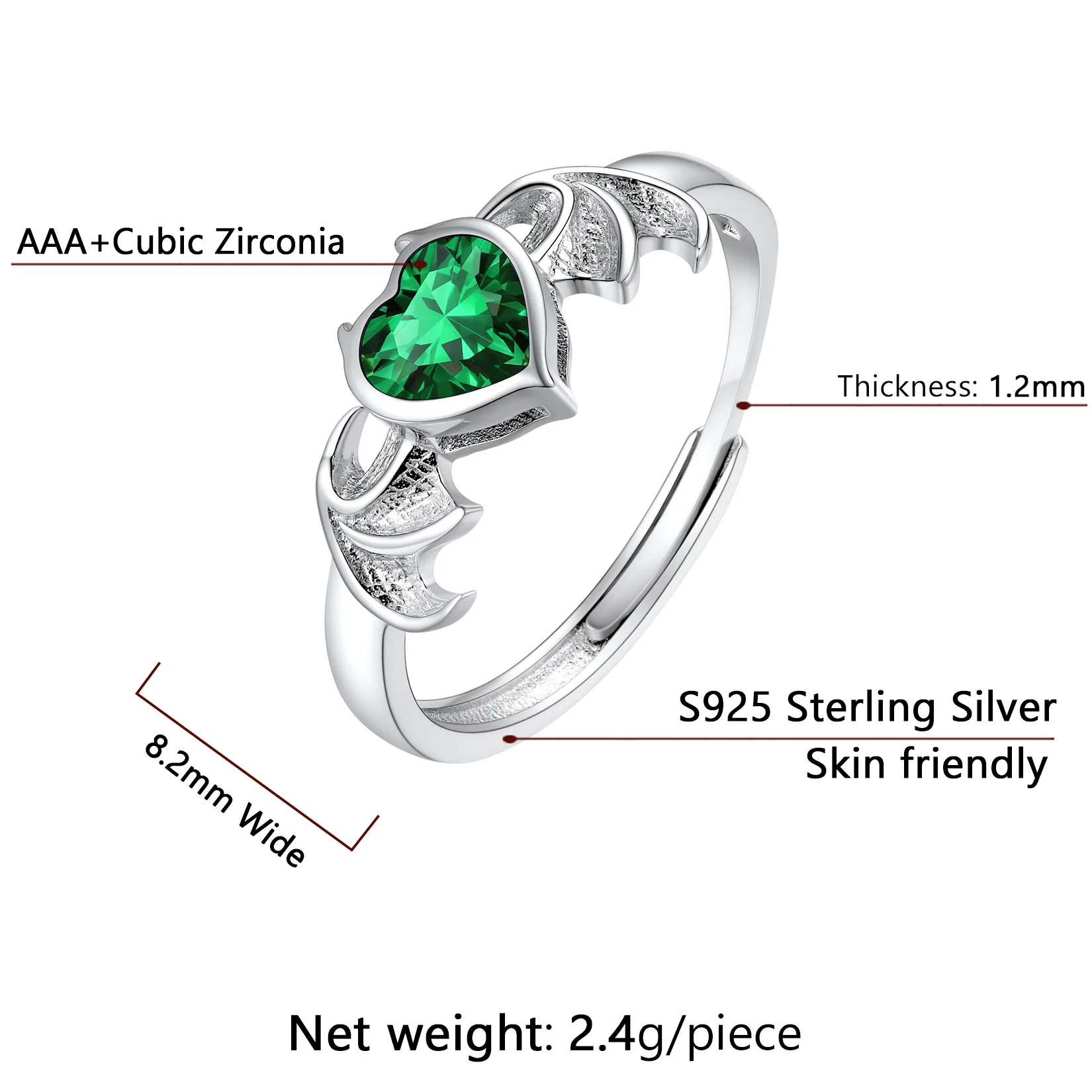 U7 925 Sterling Silver Wings Ring with Heart Shape Birthstone Adjustable Size Stylish Chic Woman Daily Jewelry Best Gift for Her