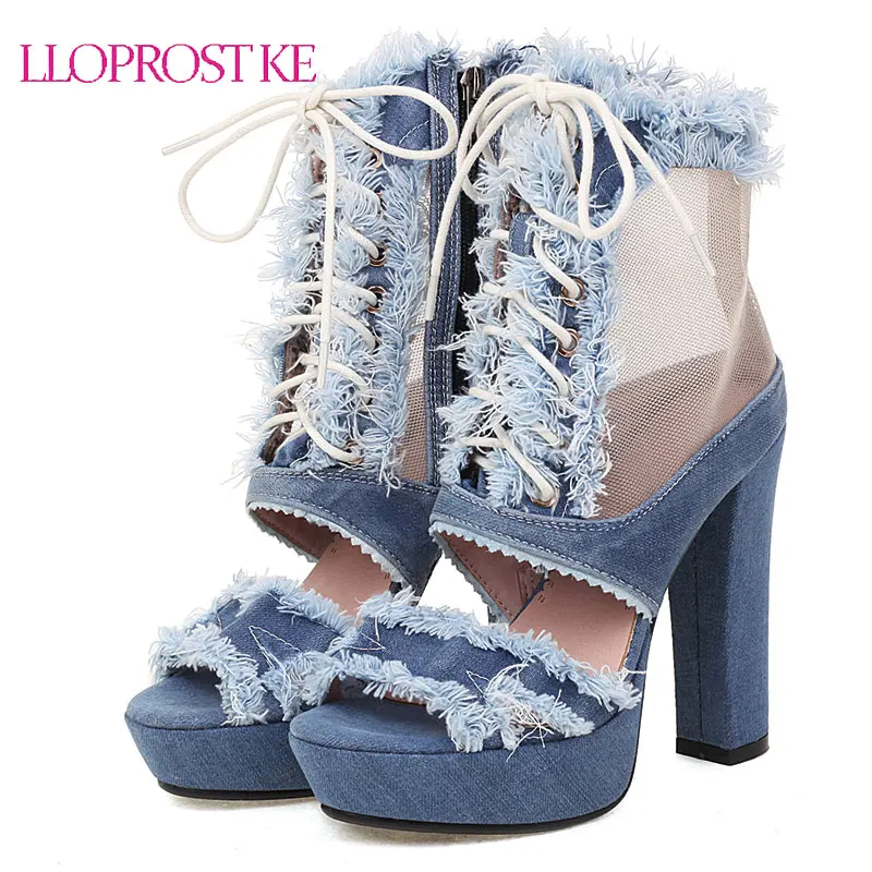 

Lloprost ke Denim Jeans Fabric Light Blue Peep Toe Sexy Female Shoes Lace-up Platform Heel Womens Summer Gladiator Boots Sandals