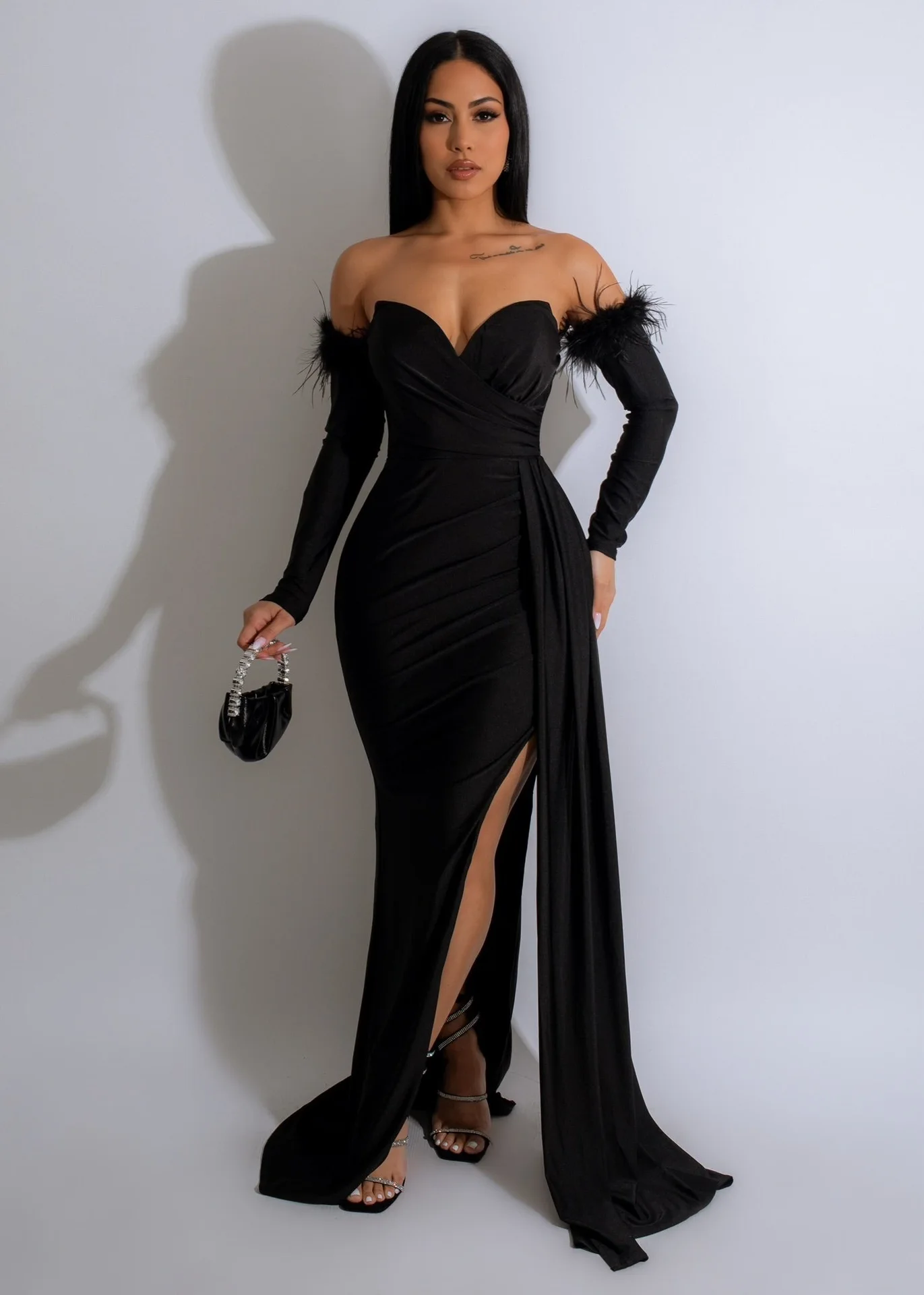 

Elegant Dresses for Women Sexy Chest Wrap Split Long Dresses Spring Summer Feather Sleeves Celebrity Party Evening Maxi Dress