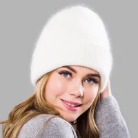 Winter Hats for Women Warm Long Rabbit Fur Hair Female Caps Fashion Solid Colors Wide Cuff Young Style Beanies 1