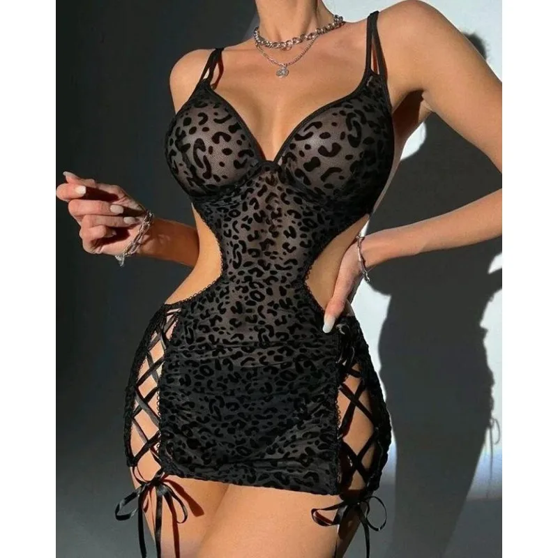 

Sexy Nightdress Dress Women Leopard Print Mesh See-through Dress Women Spaghetti Strap V-neck Bandage Hollow Out Underwear Dress