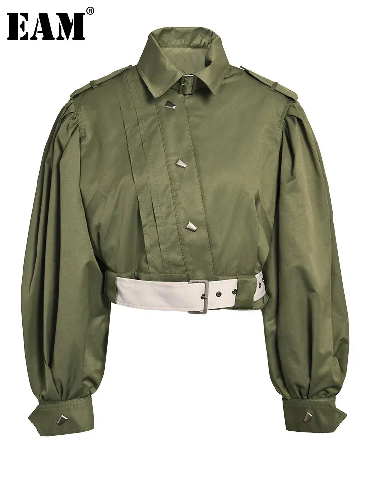 

[EAM] Loose Fit Green Short Big Size Thick Jacket New Lapel Long Sleeve Women Coat Fashion Tide Autumn Winter 2024 1DF302806
