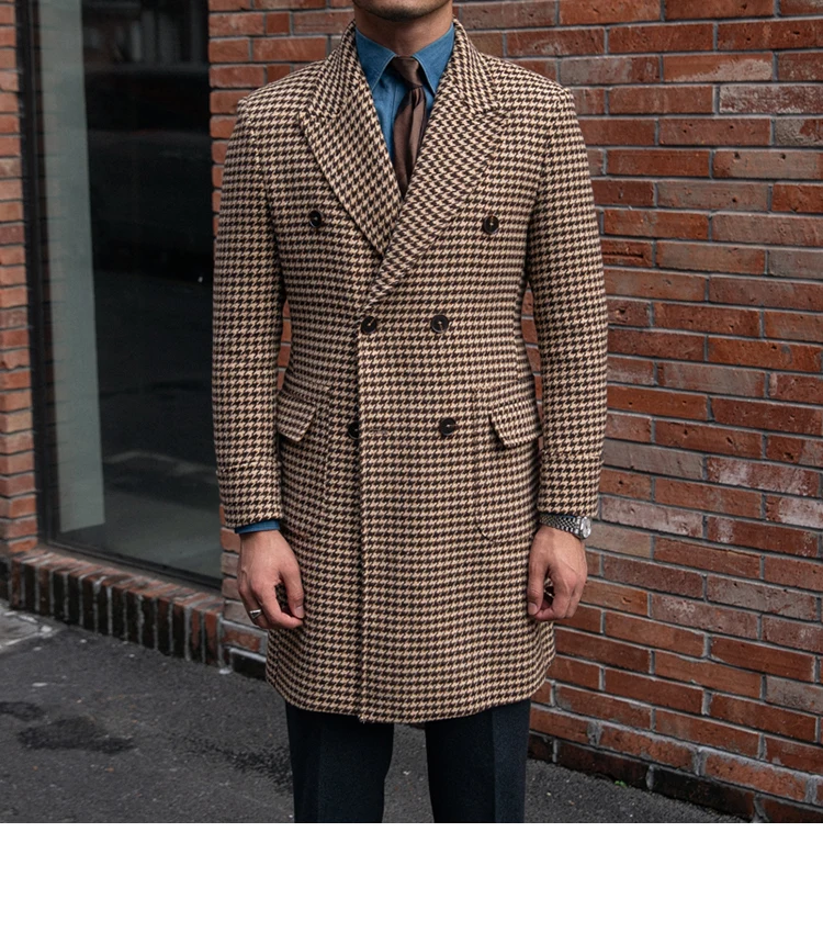 Description Picture 2 of itemMen's Polo Coat Houndstooth Double-breasted Long Slim Elegant UK Fashion Winter Plaid Long Jacket Male Clothing