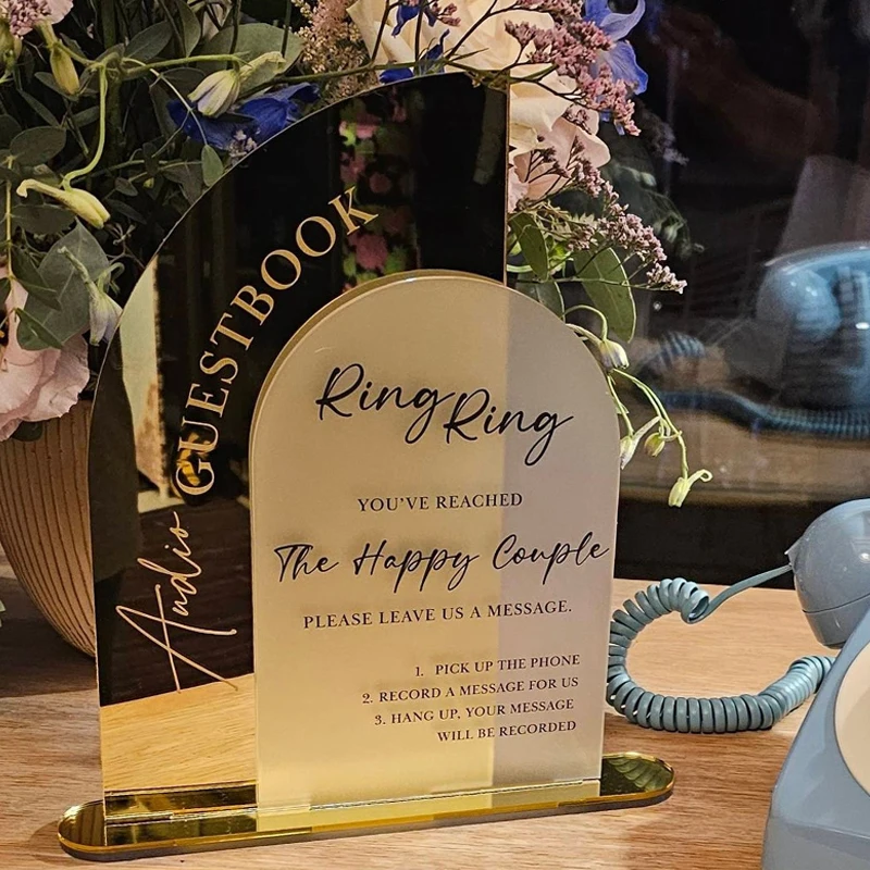 Personalised Audio Guestbook Sign Leave A Message Phone Box Sign Gold Mirror and White Acrylic Sign Audio Booth Sign wedding guest book