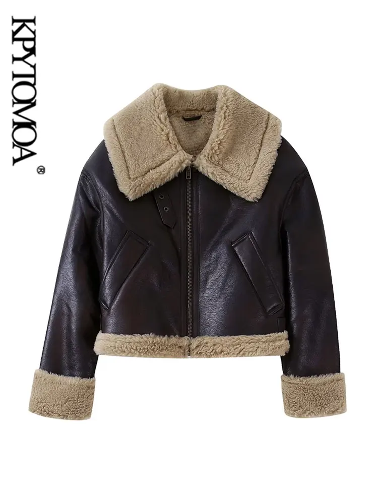 

KPYTOMOA Women Fashion Thick Warm Faux Shearling Cropped Jacket Coat Vintage Long Sleeve Front Pocket Female Outerwear Chic Tops