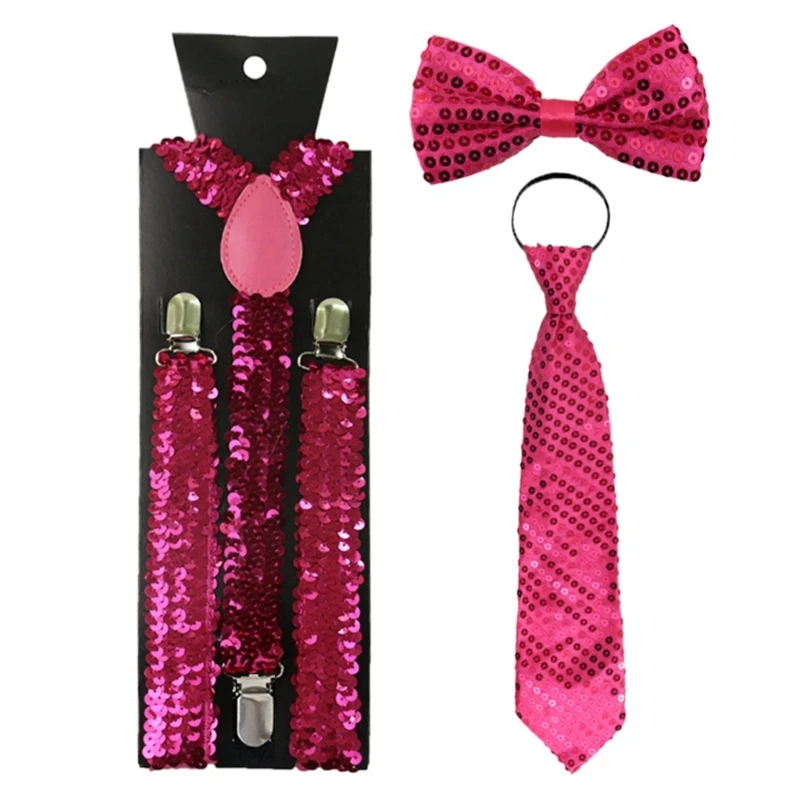 

Unisex Shiny Sequins Bowtie Necktie and Adjustable Suspenders with Metal Clip