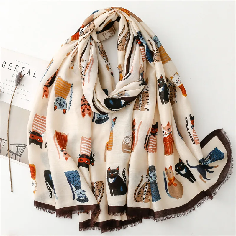 

Cat Print Scarf Women Spring Summer Lightweight Cartoon Shawl and Wraps Lady Fashion Scarves Sun Production Neckchief