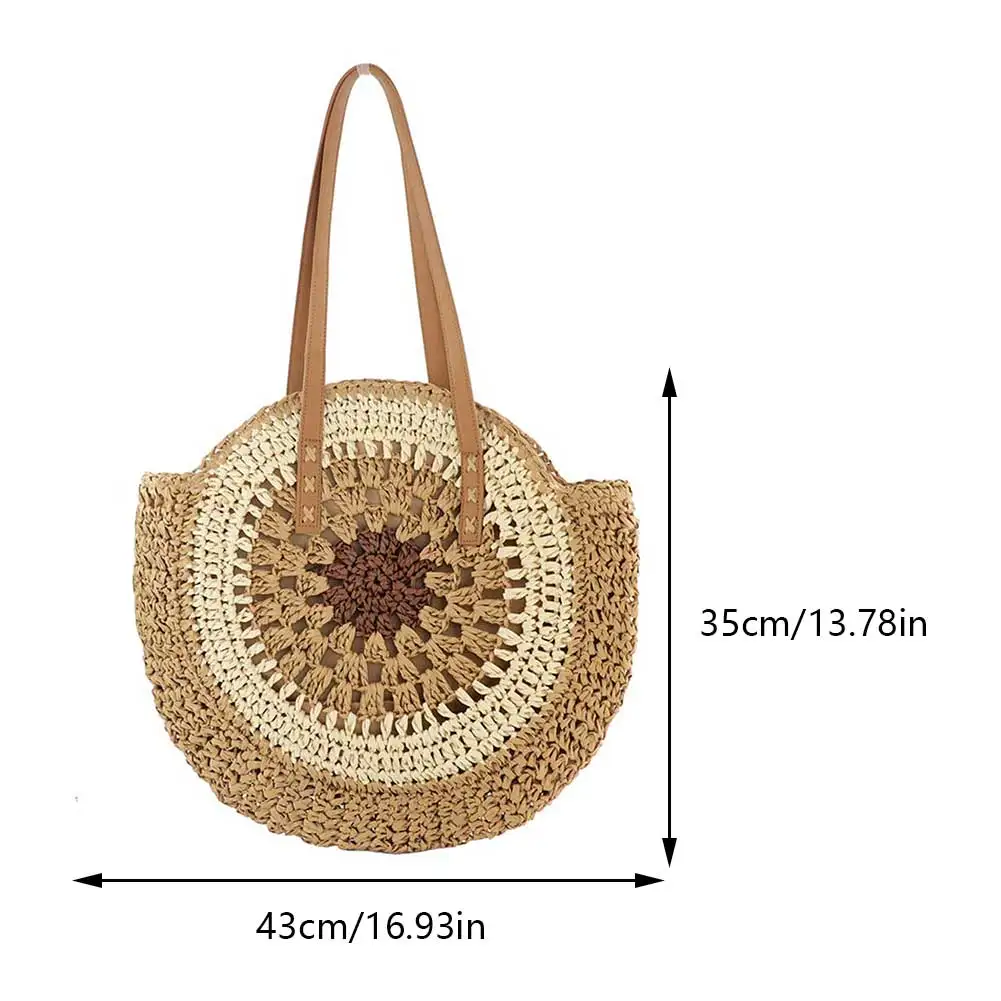 Round Beach Shoulder Bag with Zipper Closure Vacation Bag with Color Collision Trendy Holiday Travel Handbag for Women and Girls