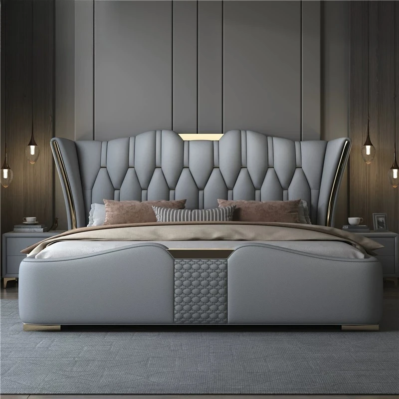 Letto matrimoniale imbottito in vera pelle di lusso con testiera alta a forma di ala - immagine 2
