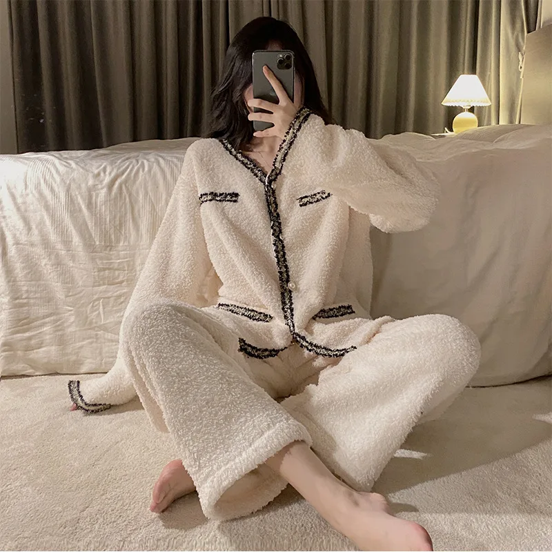 

Winter Flannel Pajama Set Women Coral Fleece Sleepwear 2 Pcs Thick Warm Homewear Pyjama Long Sleeves Home Wear Suits Pjs