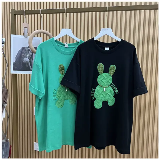 Luxury Crystal Cartoon Embroidery Knit Rabbit T Shirts Streetwear