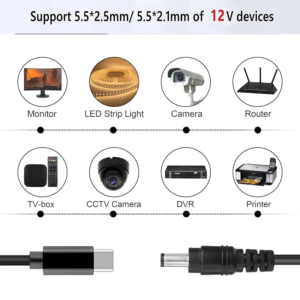 12V 3A USB C 타입-C to DC 5.5 2.1 PD 디셉션 라인 DP 고속 충전 케이블 스프링 텔레스코픽 DC 전원 코드 컨버터 어댑터