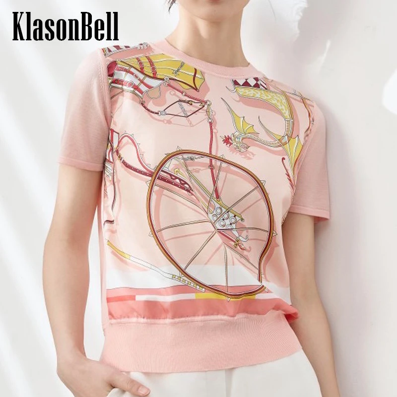 

5.7 KlasonBell Elegant Temperament Geometric Pattern Silk Short Tee Women's Spliced O-Neck Pullover Knitwear Fit T-Shirt