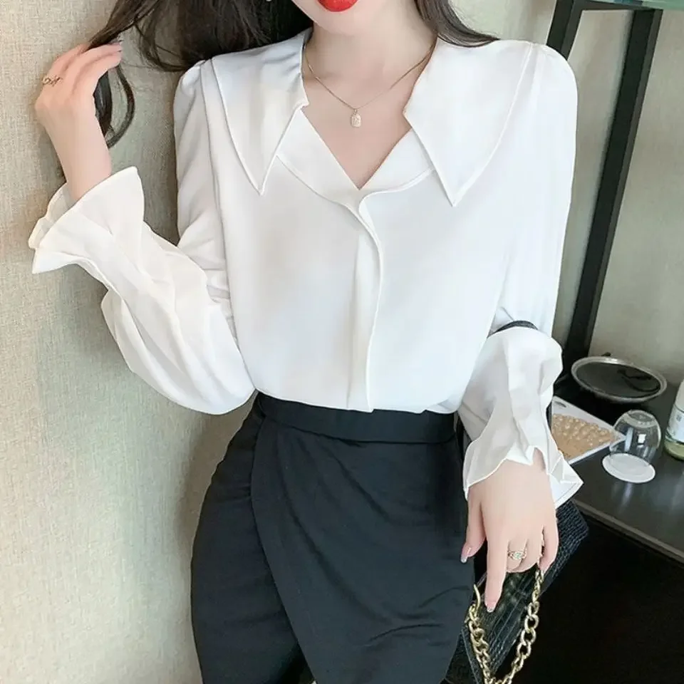 Womens Chiffon Long Sleeve Shirt Coat Top Spring Autumn Korean Fashion Puff Sleeves Designer Office Business Attire High Quality