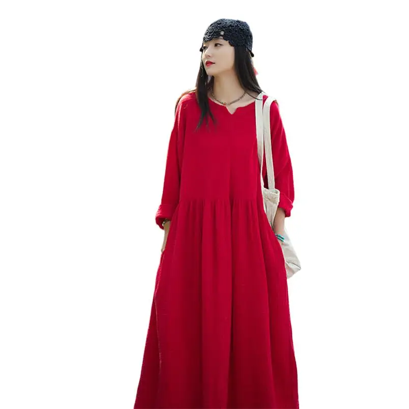

Cotton Women Loose Casual Dress Chinese Style Vacation New Linen Cotton Long Dress Woman Maxi Dress 12 Colors Red White Ginger