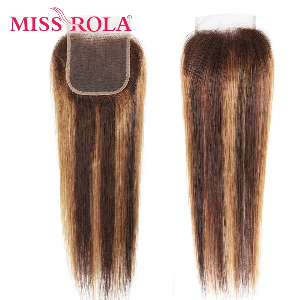 Miss Rola Hair Brazilian Straight Hair Lace Closure 100% Human 4x4 Lace Closures Remy Blonde 99J Highlight Brown Red