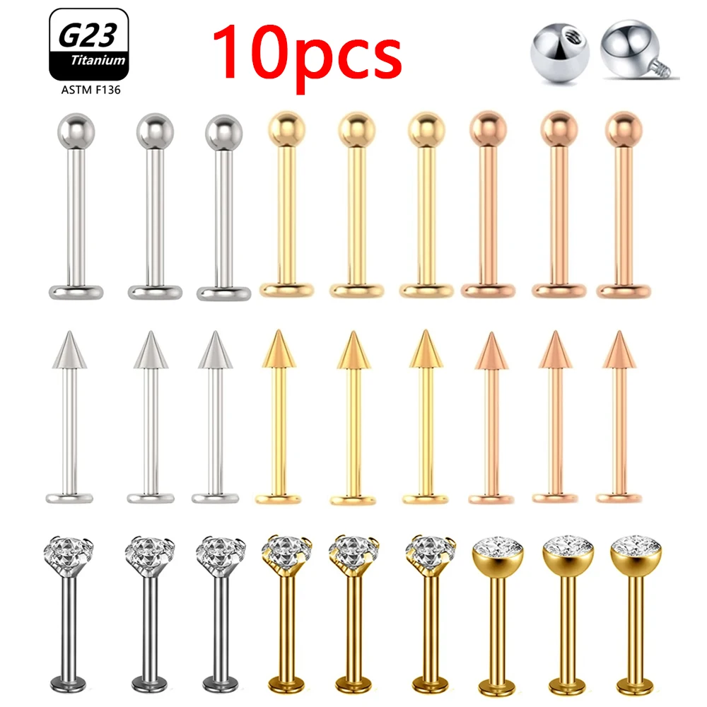 

1/10pcs/Lot G23 Titanium Labret Lip Piercing Jewelry Not Allergic 16g 6/8/10/12mm Barbell Tongue Bar Tragus Snug Daith Earring