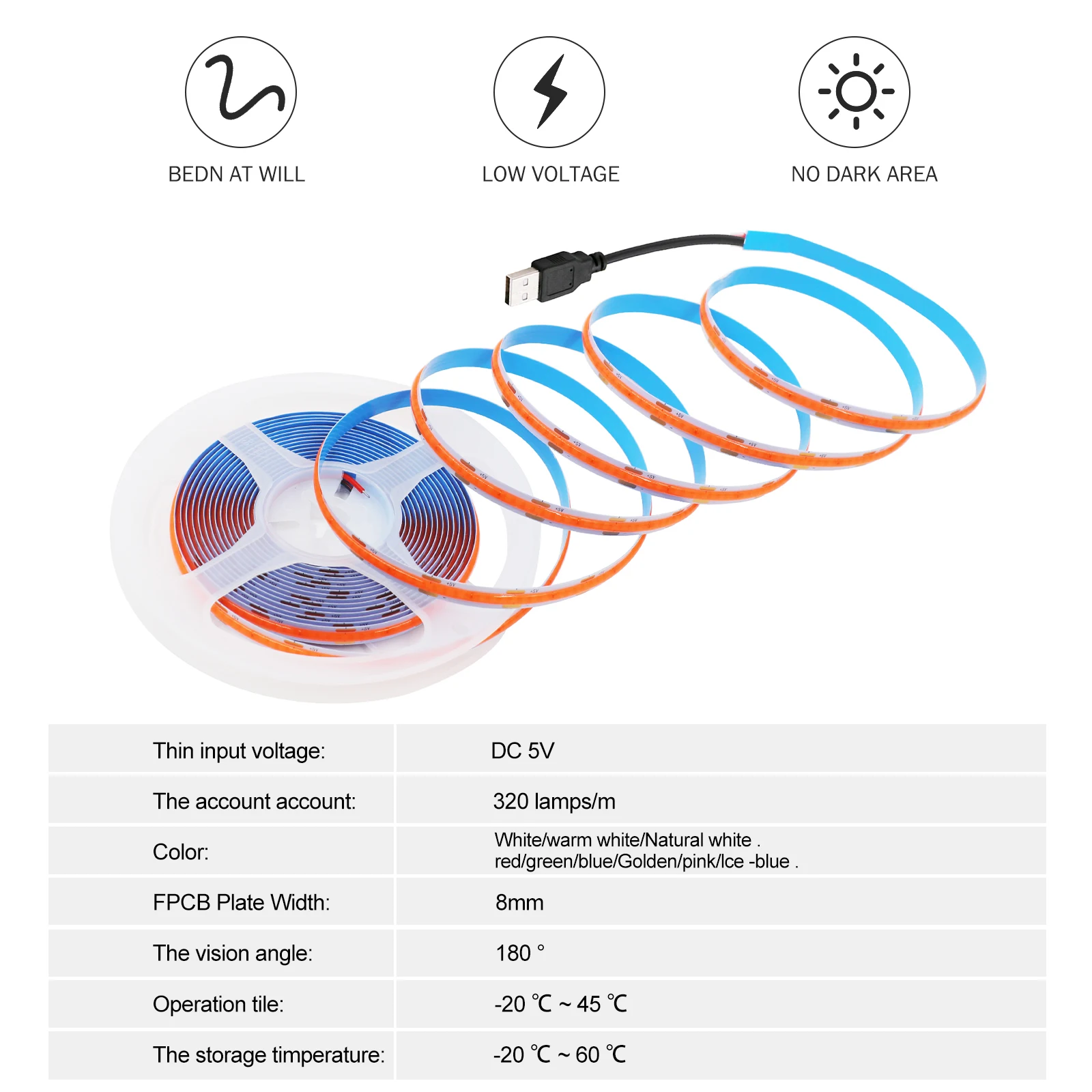 5V USB COB Led Strip Light 320LEDs/m Flexible Diode Tape S20ac531e5ab54f17aca8145b2a6251bbq