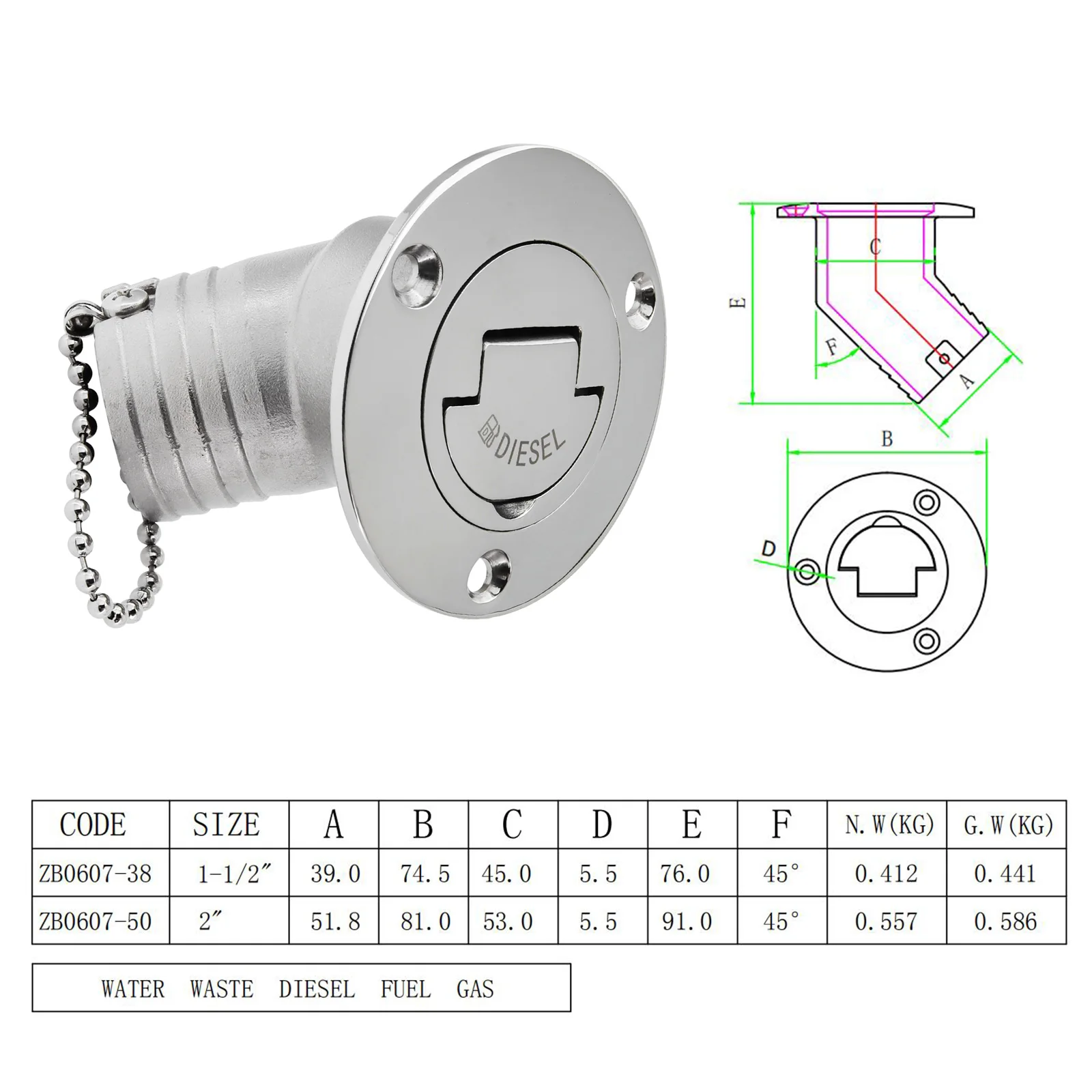 Dekvuller Met Sleutel - 1-1/2(38mm) Bootgas/Diesel/Afval