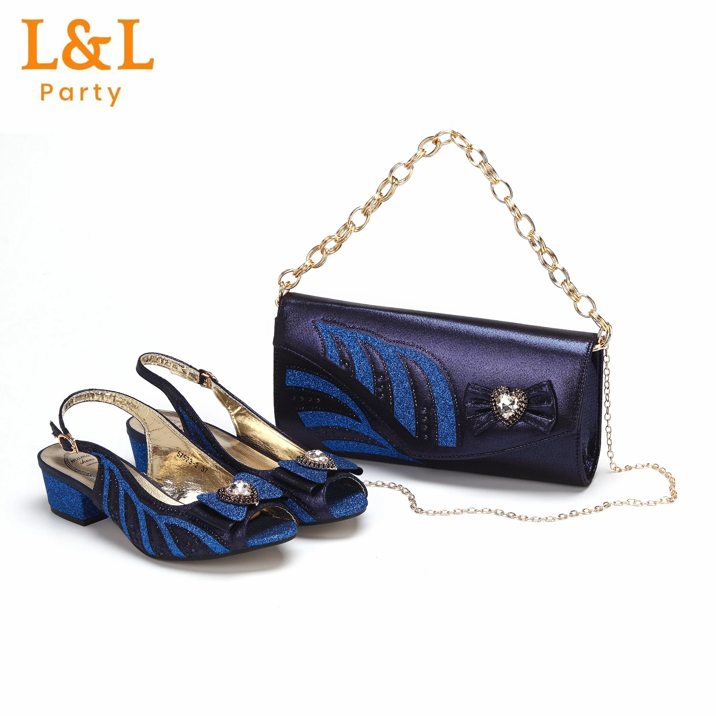 

Navy Blue Butterfly Desig Women Comfortable Heels Sandal Matching Handbag Set For Mature Ladies Wedding Party