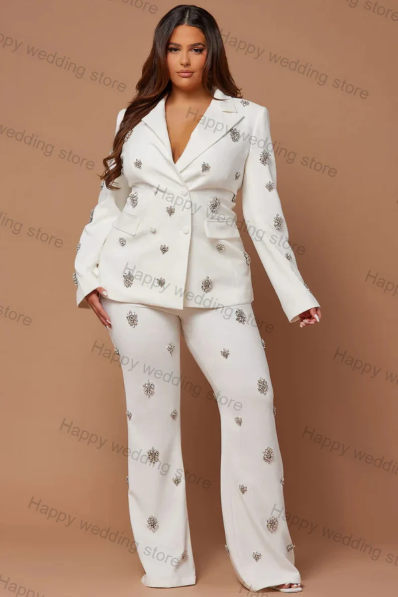 White Crystals Formal Women Suit Pants Set 2 Piece Blazer+Trousers Business Office Lady Cotton Coat Jacket Outfit