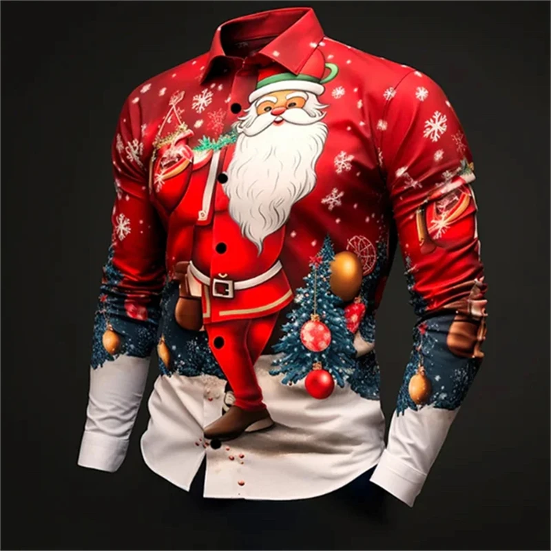 2023 Santa Claus Christmas Tree casual men's shirt Autumn and winter daily outing flanged long-sleeved four-way stretch shirt