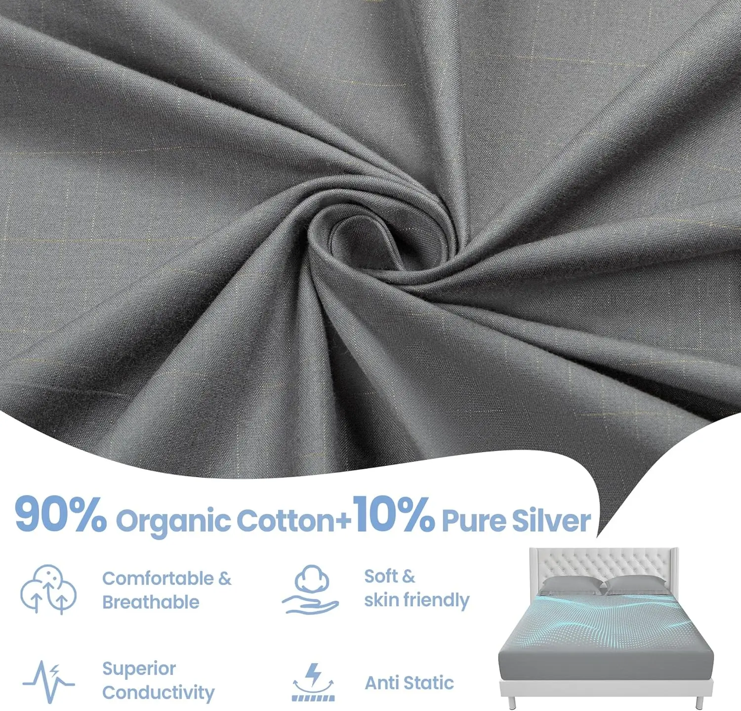 Queen Size Grounding Sheet - 90% Organic Cotton & 10% Silver for Earthing, 400 Thread Count Deep Pocket 2