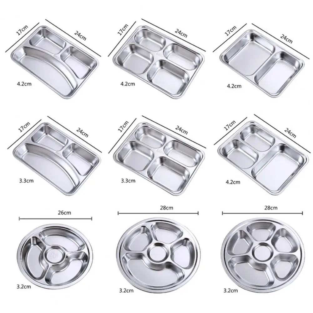 Thickened Stainless Steel Dinner Plate with Lid Dishwasher Safe Large Capacity Dinnerware 2/3/4/5/6 Grids Round Rectangle Servin