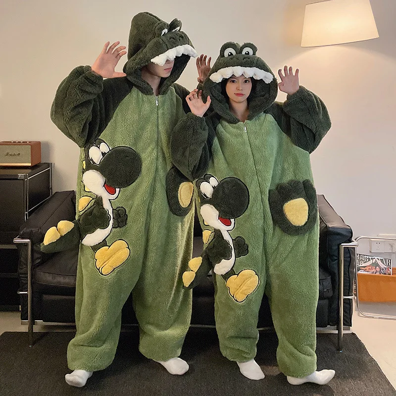 New Cartoon Pajamas For Couple Jumpsuit Christmas Winter Thickened Cute Plush Homewear Women Men Thickern Adult Cosplay Costumes