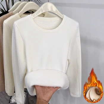 سترة المرأة الخريف الشتاء سميكة الياقة المدورة سليم متماسكة البلوز جديد دافئ صوف مبطن تريكو البلوز عادية الصلبة بلوزات مستديرة العنق