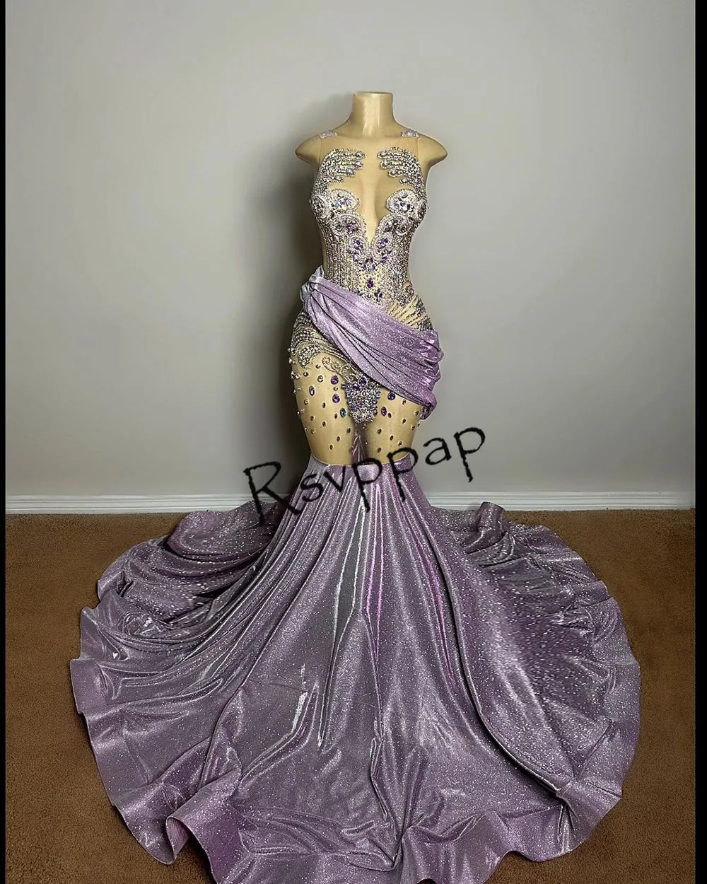 

Sparkly Rhinestone Purple Mermaid Long Elegant Prom Dresses 2023 African Girl Exquisite Beads Diamond Sheer Top Party Gowns