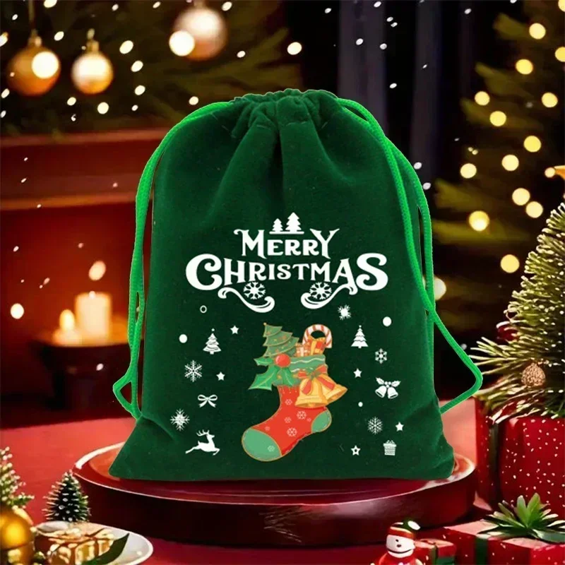 10Pcs Green Storage Fleece Green Drawstring Bags Candy Gift Bags Jewelry Packaging New Year Party Favors