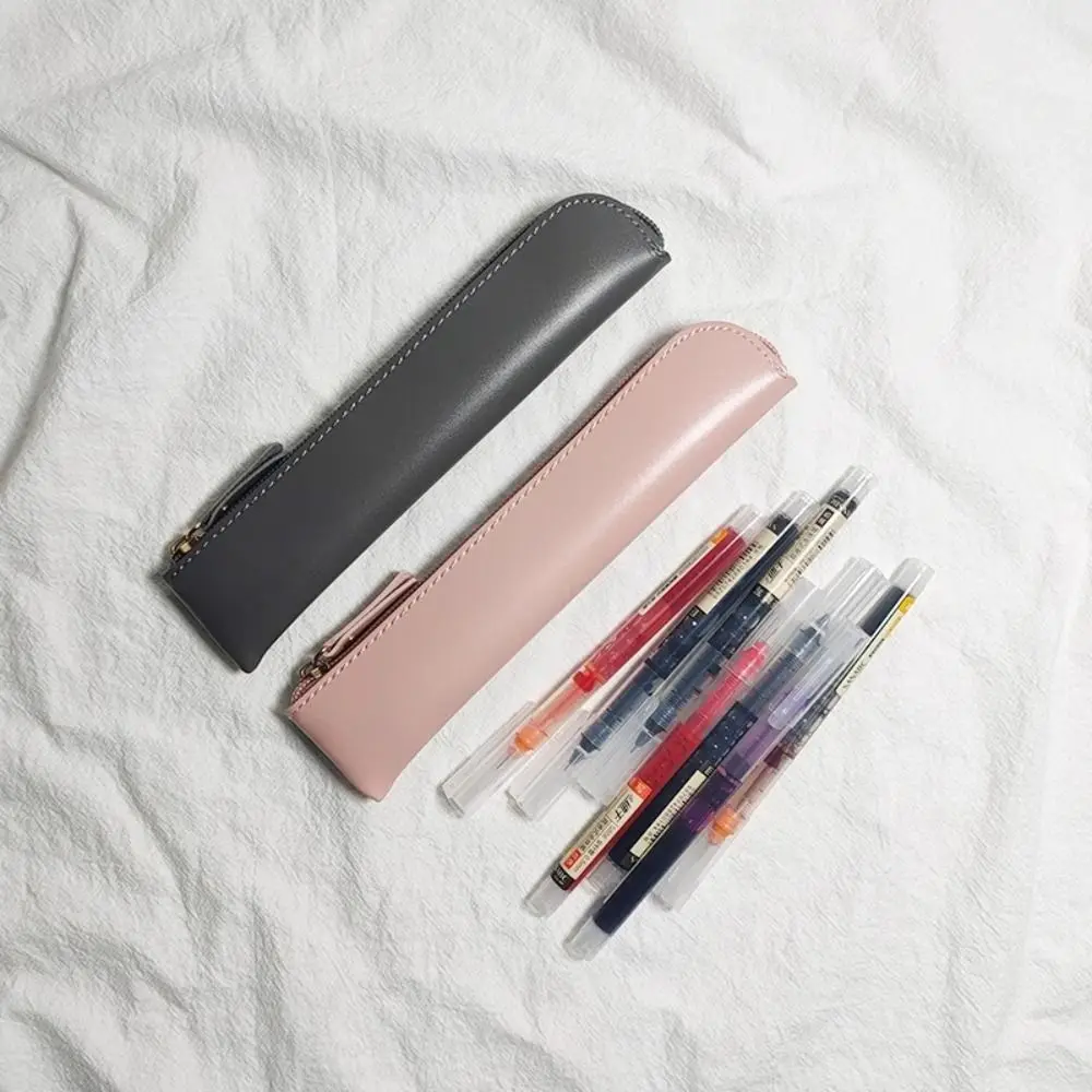 Vintage PU Thin Pencil Case Zipper Practical Pencil Bags Student Stationery Soft Pen Storage Bag Office Accsesories