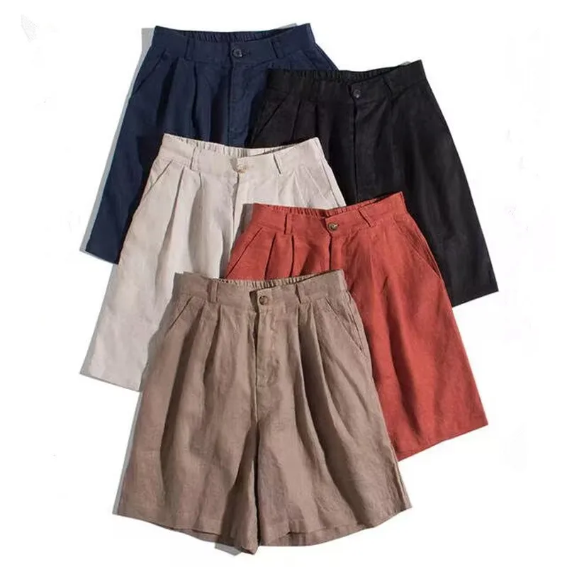 

Limiguyue Breathable Women Hemp Shorts Elastic Waist Casual Simple Wide Legs Half Pants Summer Clothes Breathable All Match U617