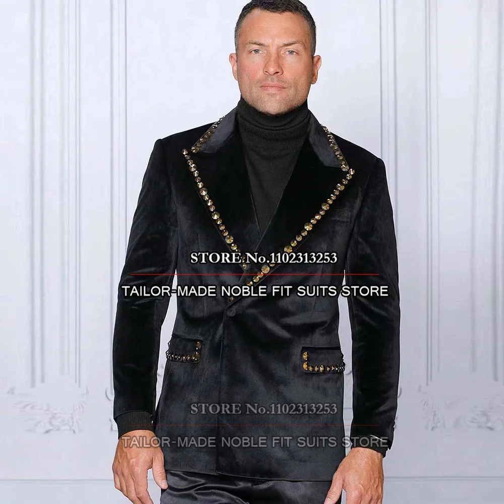 

Luxury Groom Wear Wedding Suits Slim Fit Gold Beaded Velvet Jacket With Pants 2 Pieces Man Tuxedos Custom Made Male Clothing