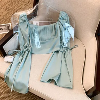 Women Tops Long Sleeve Korean Style Blouse Elegant Chic Sexvy Laced Up Sleeve Casual New in  Female Shirt