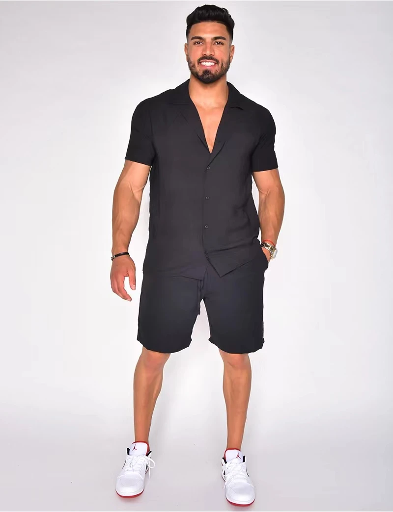 

Hawaii's best-selling summer sports polo collar, cotton and linen solid color short sleeved shorts set