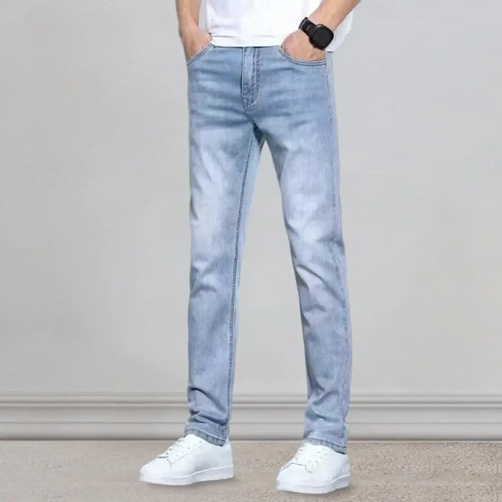 

Solid Color Splicing Men Jeans Stylish Men's Denim Pants Distressed Small-legged Jeans With Pockets Solid Color For Fashion