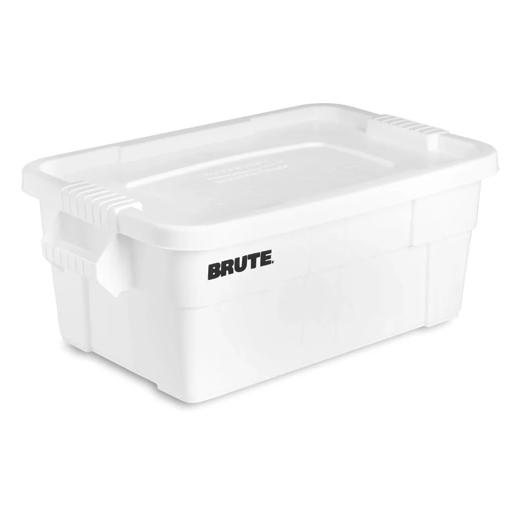 Rubbermaid Commercial Products BRUTE Tote Storage Bin with Lid, 14-Gallon, White, Rugged/Reusable Boxes for Moving/Camping/Garag