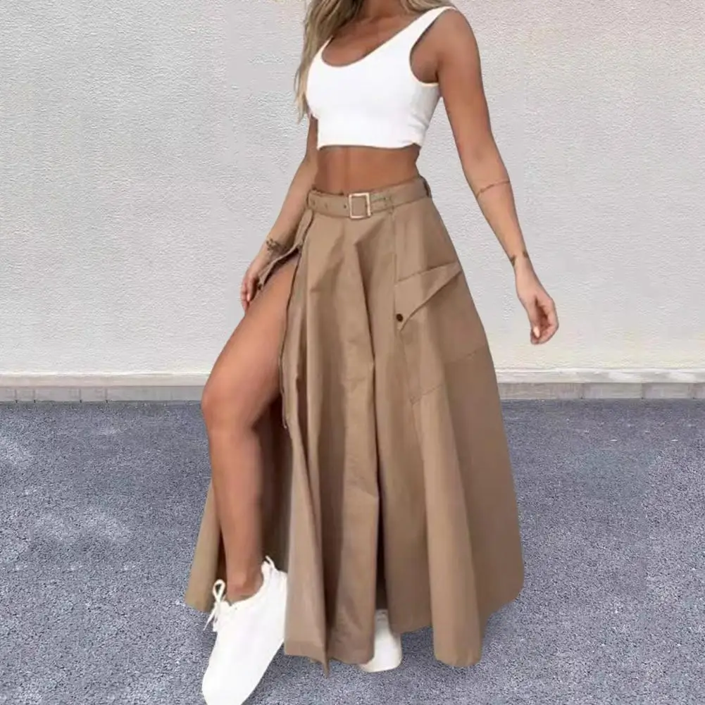 Women Top Skirt Set Elegant Crop Top Maxi Skirt Set with Belt Women's High Waist A-line Split Skirt Solid Color Streetwear Party