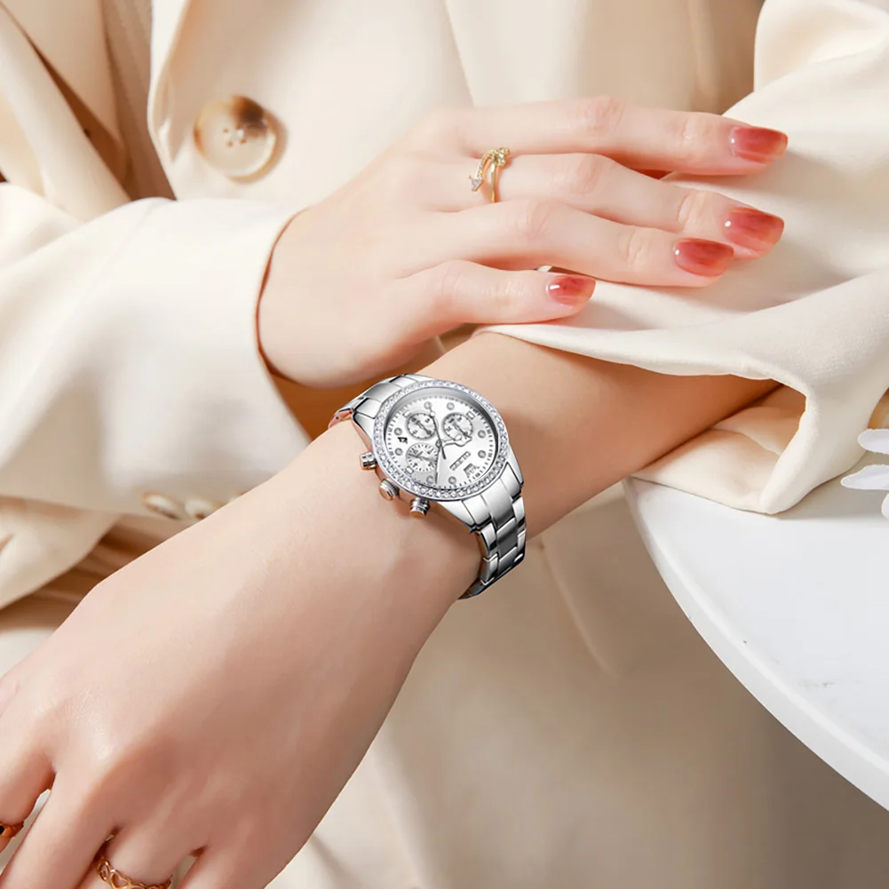 OLEVS Fashion Quartz Watch for Women Luxury Stainless Steel Women's Watch Waterproof Luminous Chronograph Wristwatch Reloj Mujer