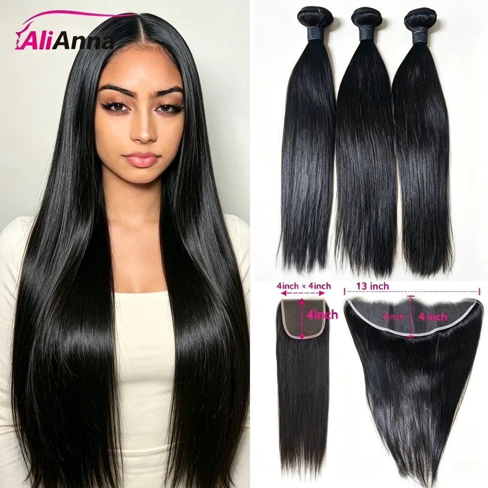 100% Human Hair Bundles With Closure Straight 4x4 Transparent HD Lace Closure Human Hair Bundles And Weaves 12- 32 Inch 13x4 13x6 Lace Frontal 3 Pcs Raw Hair Bundles Deals With Frontal Brazilian Hair Extensions 2-4 Delivery Days to UK From UK Warehouse